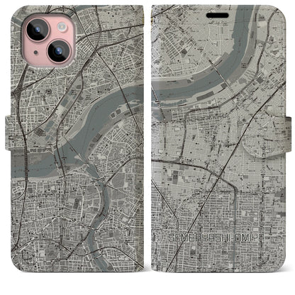 【千林大宮（大阪府）】地図柄iPhoneケース（手帳タイプ）モノトーン・iPhone 15 Plus 用