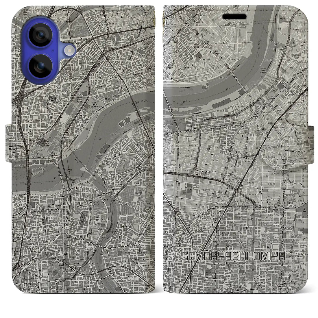 【千林大宮（大阪府）】地図柄iPhoneケース（手帳タイプ）モノトーン・iPhone 16 Pro Max 用