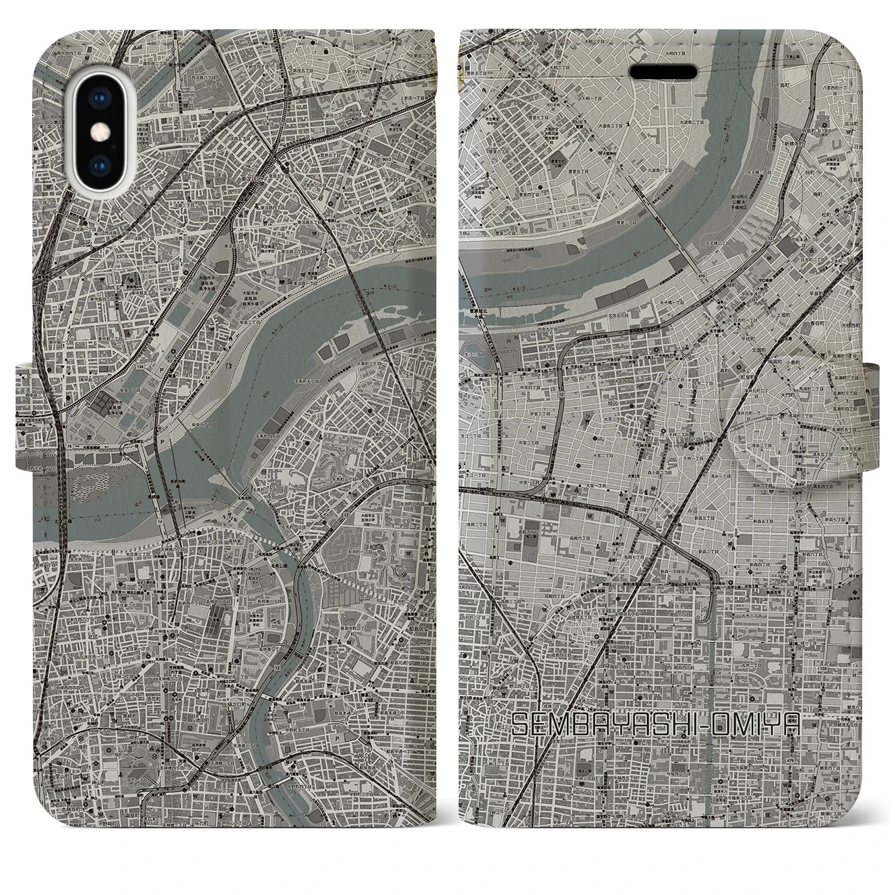 【千林大宮】地図柄iPhoneケース（手帳両面タイプ・モノトーン）iPhone XS Max 用