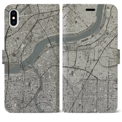 【千林大宮（大阪府）】地図柄iPhoneケース（手帳タイプ）モノトーン・iPhone XS Max 用