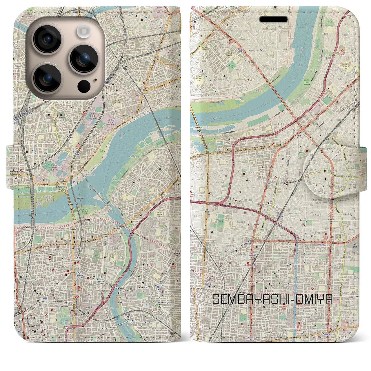 【千林大宮（大阪府）】地図柄iPhoneケース（手帳タイプ）ナチュラル・iPhone 16 Plus 用