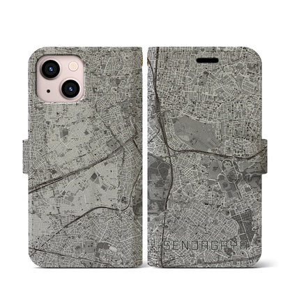 【千駄ケ谷（東京都）】地図柄iPhoneケース（手帳タイプ）モノトーン・iPhone 13 mini 用