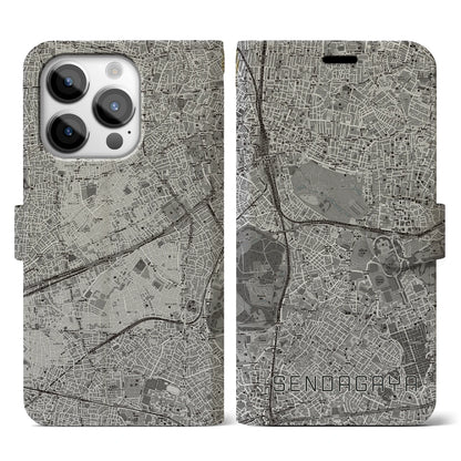 【千駄ケ谷（東京都）】地図柄iPhoneケース（手帳タイプ）モノトーン・iPhone 14 Pro 用