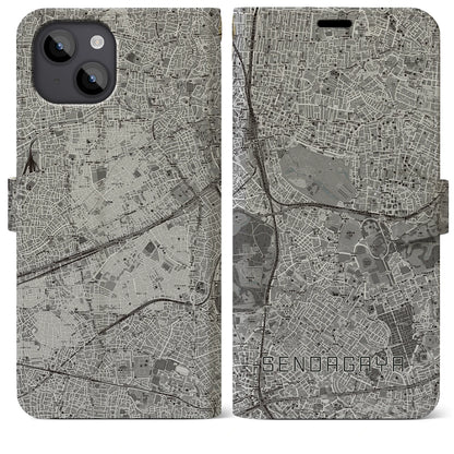 【千駄ケ谷（東京都）】地図柄iPhoneケース（手帳タイプ）モノトーン・iPhone 14 Plus 用