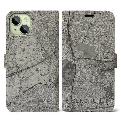 【千駄ケ谷（東京都）】地図柄iPhoneケース（手帳タイプ）モノトーン・iPhone 15 用