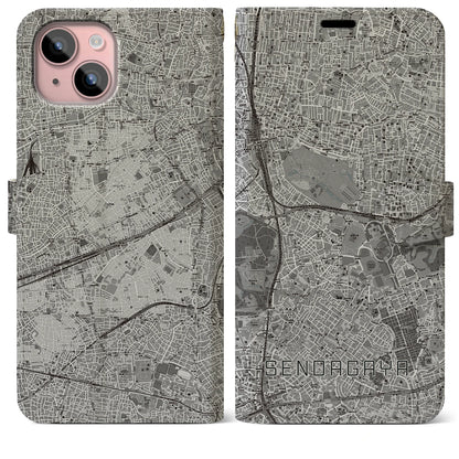 【千駄ケ谷（東京都）】地図柄iPhoneケース（手帳タイプ）モノトーン・iPhone 15 Plus 用