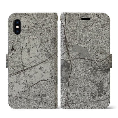 【千駄ケ谷（東京都）】地図柄iPhoneケース（手帳タイプ）モノトーン・iPhone XS / X 用