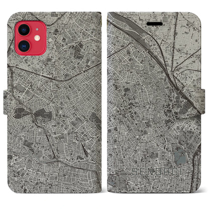 【千駄木（東京都）】地図柄iPhoneケース（手帳タイプ）モノトーン・iPhone 11 用