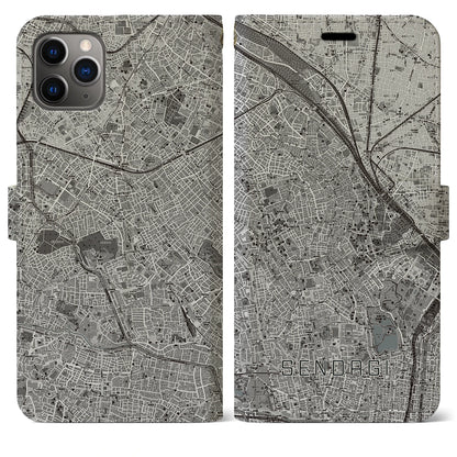 【千駄木（東京都）】地図柄iPhoneケース（手帳タイプ）モノトーン・iPhone 11 Pro Max 用