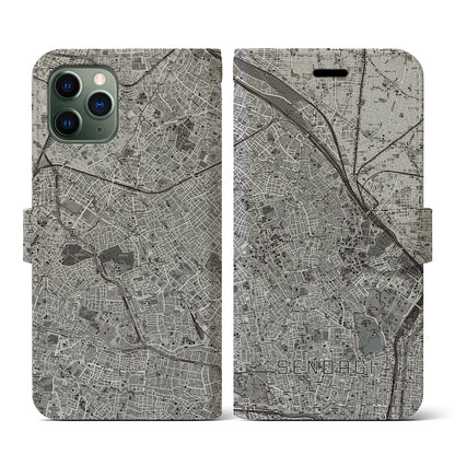 【千駄木（東京都）】地図柄iPhoneケース（手帳タイプ）モノトーン・iPhone 11 Pro 用