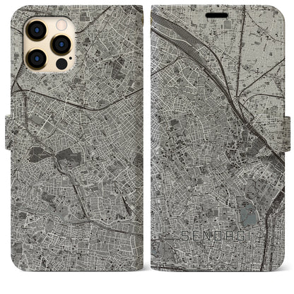 【千駄木（東京都）】地図柄iPhoneケース（手帳タイプ）モノトーン・iPhone 12 Pro Max 用