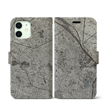 【千駄木（東京都）】地図柄iPhoneケース（手帳タイプ）モノトーン・iPhone 12 mini 用