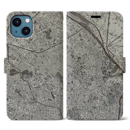 【千駄木（東京都）】地図柄iPhoneケース（手帳タイプ）モノトーン・iPhone 13 用
