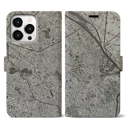 【千駄木（東京都）】地図柄iPhoneケース（手帳タイプ）モノトーン・iPhone 13 Pro 用