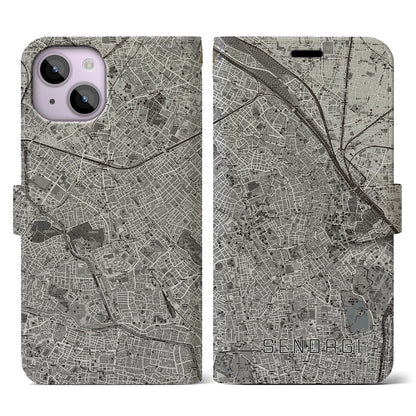 【千駄木（東京都）】地図柄iPhoneケース（手帳タイプ）モノトーン・iPhone 14 用