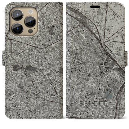 【千駄木（東京都）】地図柄iPhoneケース（手帳タイプ）モノトーン・iPhone 14 Pro Max 用