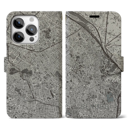【千駄木（東京都）】地図柄iPhoneケース（手帳タイプ）モノトーン・iPhone 14 Pro 用