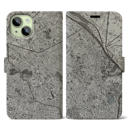 【千駄木（東京都）】地図柄iPhoneケース（手帳タイプ）モノトーン・iPhone 15 用