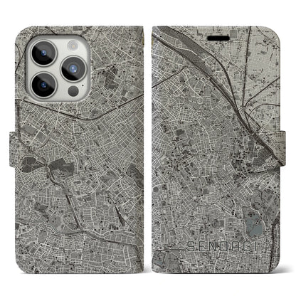 【千駄木（東京都）】地図柄iPhoneケース（手帳タイプ）モノトーン・iPhone 15 Pro 用