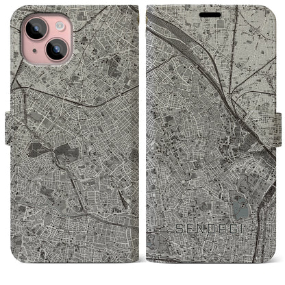 【千駄木（東京都）】地図柄iPhoneケース（手帳タイプ）モノトーン・iPhone 15 Plus 用
