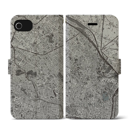 【千駄木（東京都）】地図柄iPhoneケース（手帳タイプ）モノトーン・iPhone SE（第3 / 第2世代） / 8 / 7 / 6s / 6 用