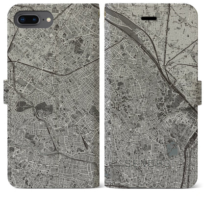 【千駄木（東京都）】地図柄iPhoneケース（手帳タイプ）モノトーン・iPhone 8Plus /7Plus / 6sPlus / 6Plus 用