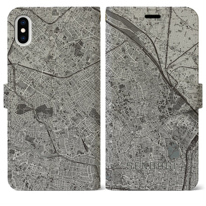 【千駄木（東京都）】地図柄iPhoneケース（手帳タイプ）モノトーン・iPhone XS Max 用