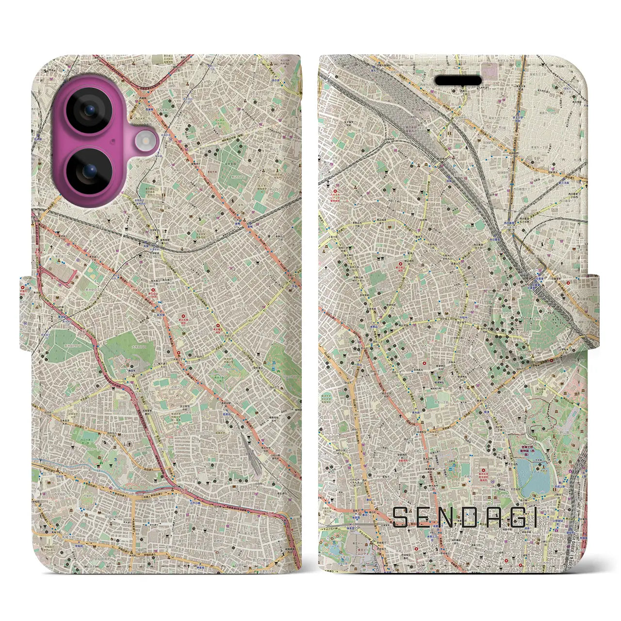 【千駄木（東京都）】地図柄iPhoneケース（手帳タイプ）ナチュラル・iPhone 16 Pro 用