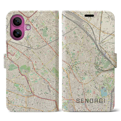 【千駄木（東京都）】地図柄iPhoneケース（手帳タイプ）ナチュラル・iPhone 16 Pro 用