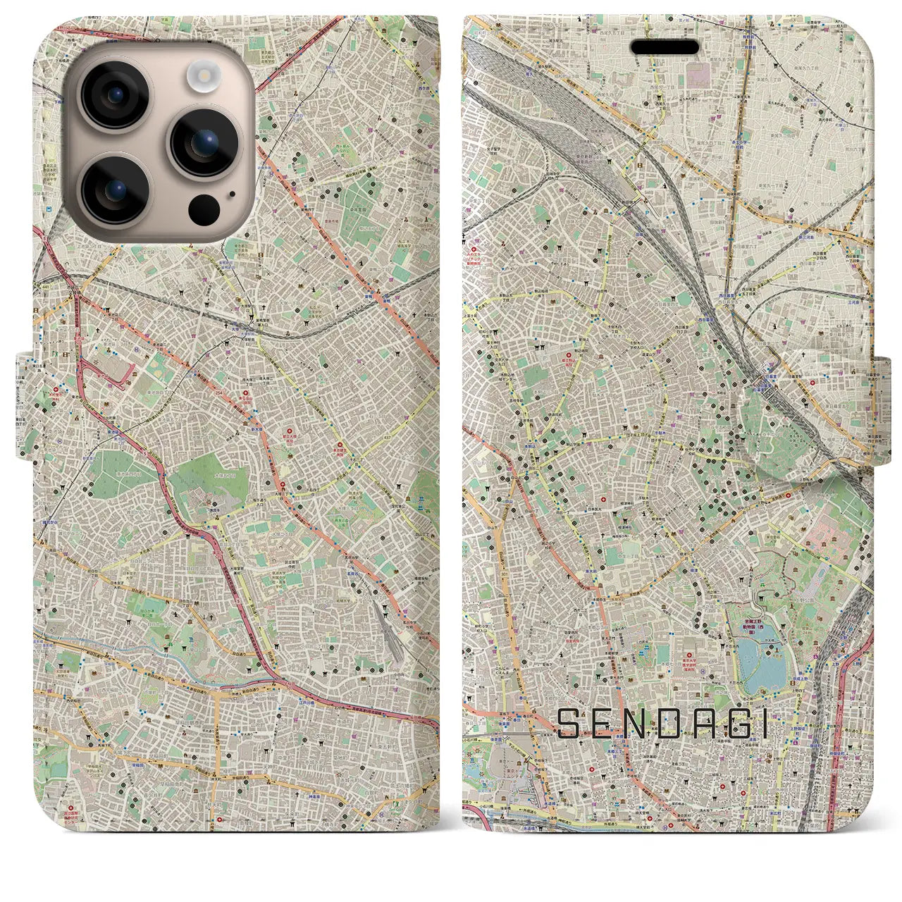 【千駄木（東京都）】地図柄iPhoneケース（手帳タイプ）ナチュラル・iPhone 16 Plus 用