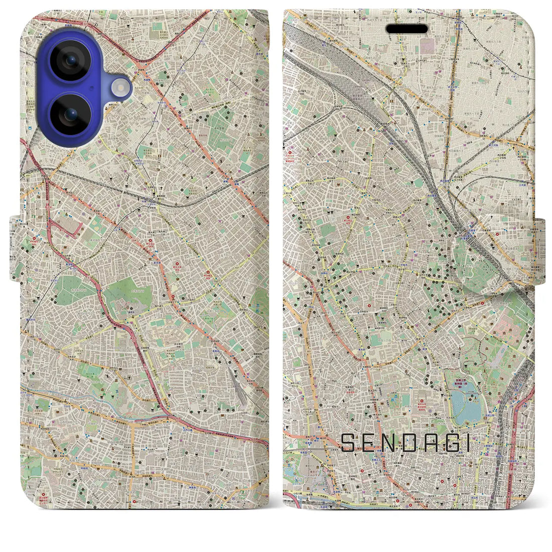 【千駄木（東京都）】地図柄iPhoneケース（手帳タイプ）ナチュラル・iPhone 16 Pro Max 用