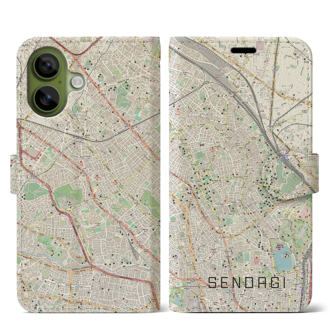 【千駄木（東京都）】地図柄iPhoneケース（手帳タイプ）モノトーン・iPhone 17 Pro Max 用