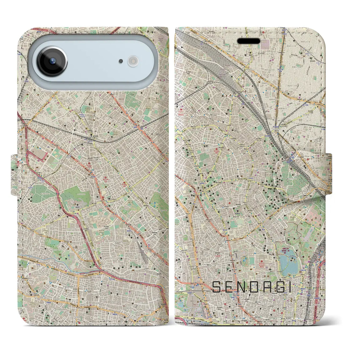 【千駄木（東京都）】地図柄iPhoneケース（手帳タイプ）ナチュラル・iPhone 17 Pro Max 用