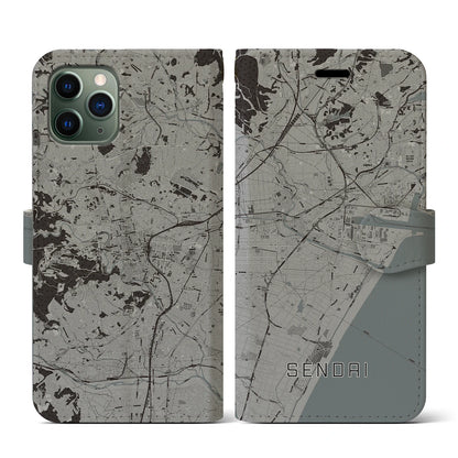 【仙台（宮城県）】地図柄iPhoneケース（手帳タイプ）モノトーン・iPhone 11 Pro 用