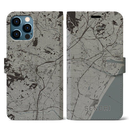 【仙台（宮城県）】地図柄iPhoneケース（手帳タイプ）モノトーン・iPhone 12 / 12 Pro 用