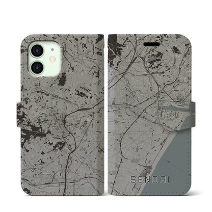 【仙台（宮城県）】地図柄iPhoneケース（手帳タイプ）モノトーン・iPhone 12 mini 用