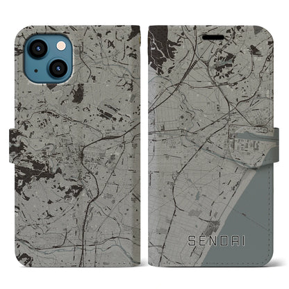 【仙台（宮城県）】地図柄iPhoneケース（手帳タイプ）モノトーン・iPhone 13 用