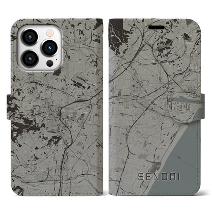 【仙台（宮城県）】地図柄iPhoneケース（手帳タイプ）モノトーン・iPhone 13 Pro 用