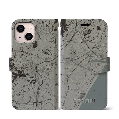 【仙台（宮城県）】地図柄iPhoneケース（手帳タイプ）モノトーン・iPhone 13 mini 用