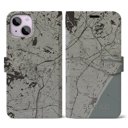 【仙台（宮城県）】地図柄iPhoneケース（手帳タイプ）モノトーン・iPhone 14 用