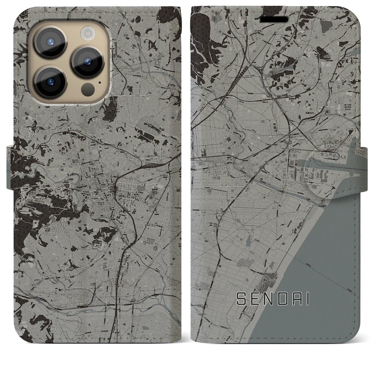 【仙台】地図柄iPhoneケース（手帳両面タイプ・モノトーン）iPhone 14 Pro Max 用