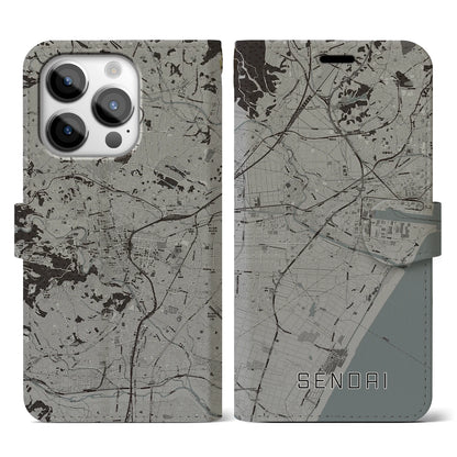 【仙台（宮城県）】地図柄iPhoneケース（手帳タイプ）モノトーン・iPhone 14 Pro 用