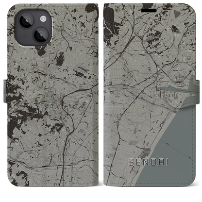 【仙台（宮城県）】地図柄iPhoneケース（手帳タイプ）モノトーン・iPhone 14 Plus 用