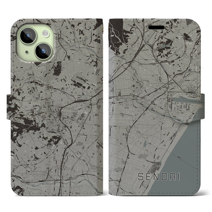 【仙台（宮城県）】地図柄iPhoneケース（手帳タイプ）モノトーン・iPhone 15 用