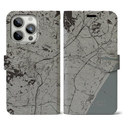 【仙台（宮城県）】地図柄iPhoneケース（手帳タイプ）モノトーン・iPhone 15 Pro 用