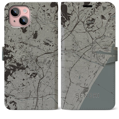 【仙台（宮城県）】地図柄iPhoneケース（手帳タイプ）モノトーン・iPhone 15 Plus 用