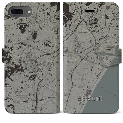 【仙台（宮城県）】地図柄iPhoneケース（手帳タイプ）モノトーン・iPhone 8Plus /7Plus / 6sPlus / 6Plus 用
