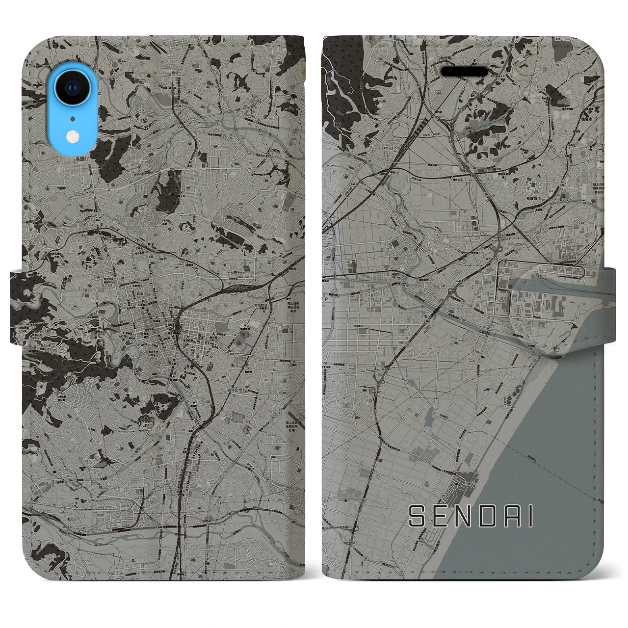 【仙台】地図柄iPhoneケース（手帳両面タイプ・モノトーン）iPhone XR 用