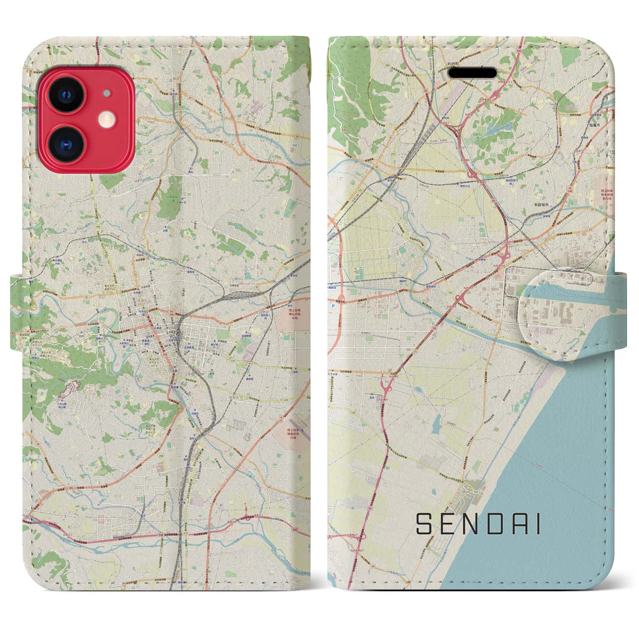 【仙台】地図柄iPhoneケース（手帳両面タイプ・ナチュラル）iPhone 11 用