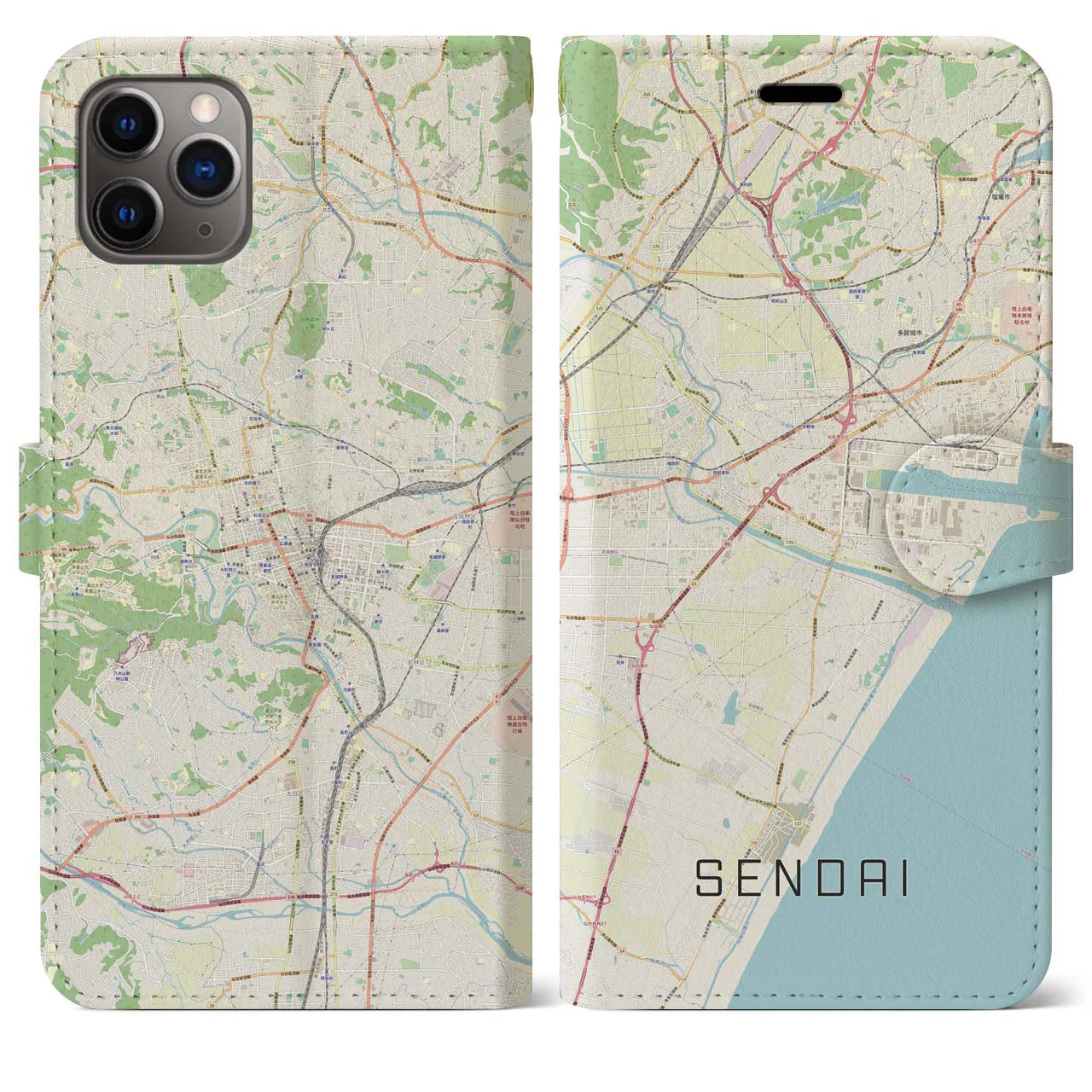 【仙台】地図柄iPhoneケース（手帳両面タイプ・ナチュラル）iPhone 11 Pro Max 用